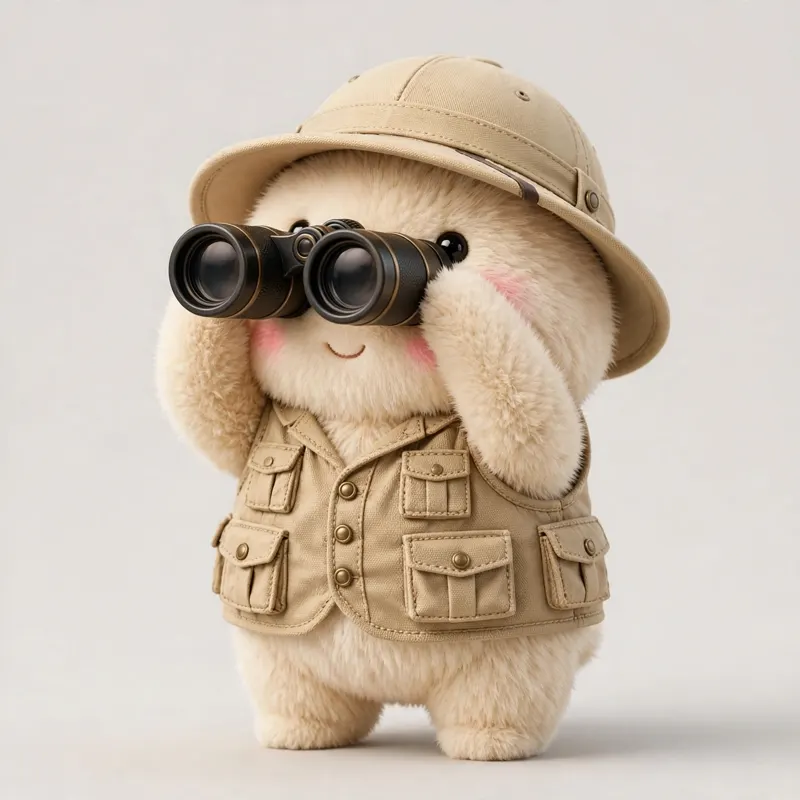 Adventure Pack cover — fluffy avatar in safari vest and hat holding binoculars